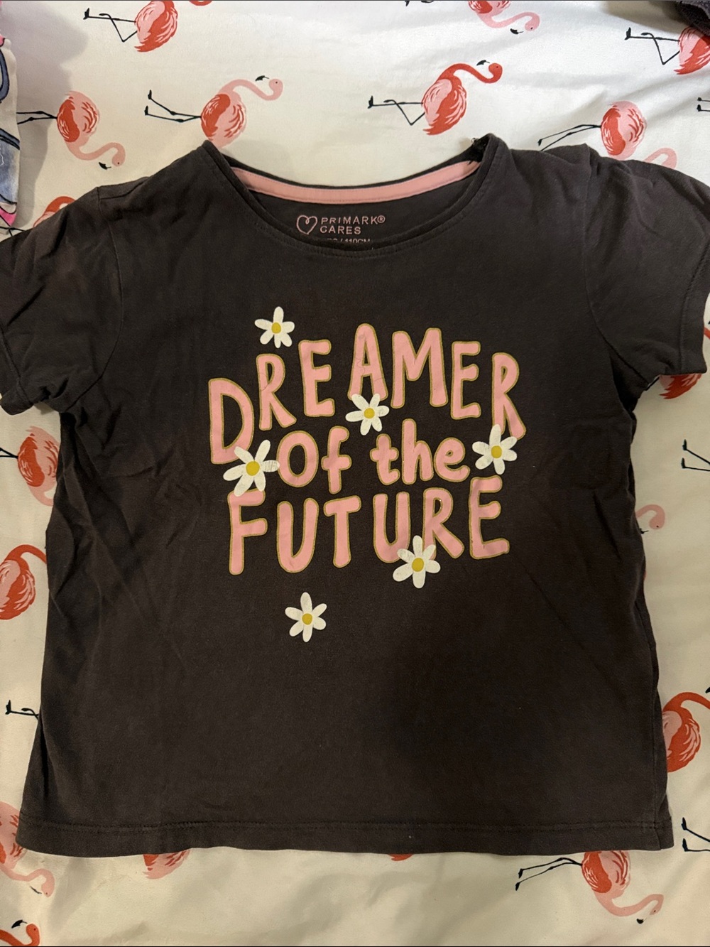 Primark Black Tee with Pink 'Dreamer of the Future' Print and White Daisies 4-5T